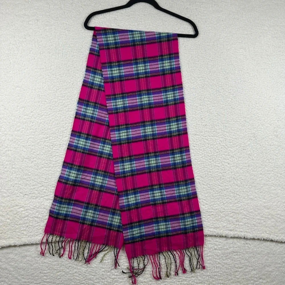 100% Cashmere Scarf Made in Scotland Pink Tartan Plaid Fringe Winter Wrap Preppy
